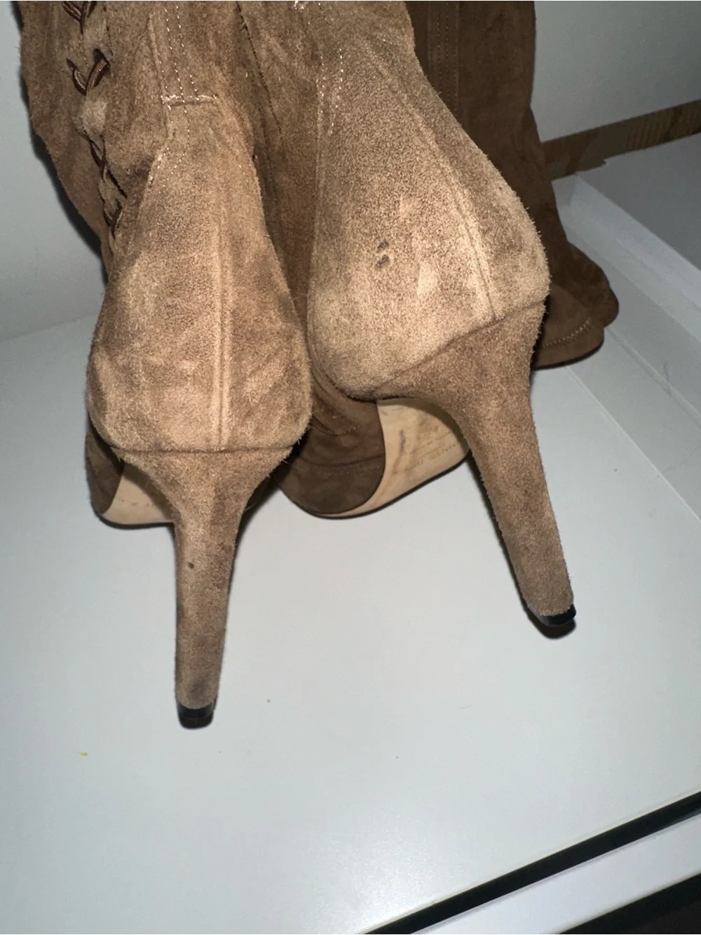 Jimmy Choo Marie 100 Brown Suede Leather‎ Lace Up Over The Knee OTK Boots 37.5 7